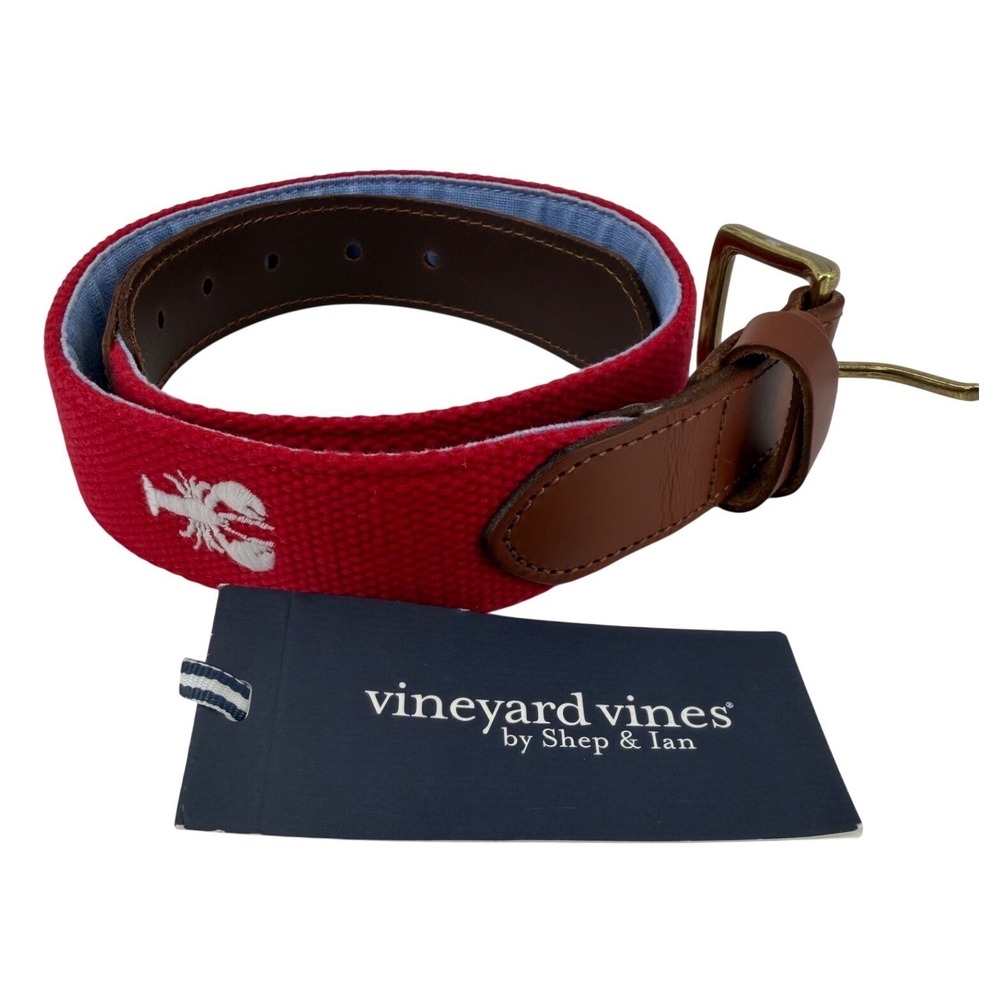 Vineyard Vines Lobster Belt Canvas Club Racing Red Leather Size 30 NWT $85